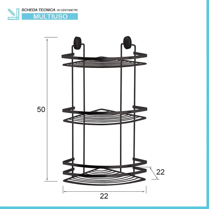 Mensola doccia angolare nero con 3 ripiani e ganci a parete inclusi