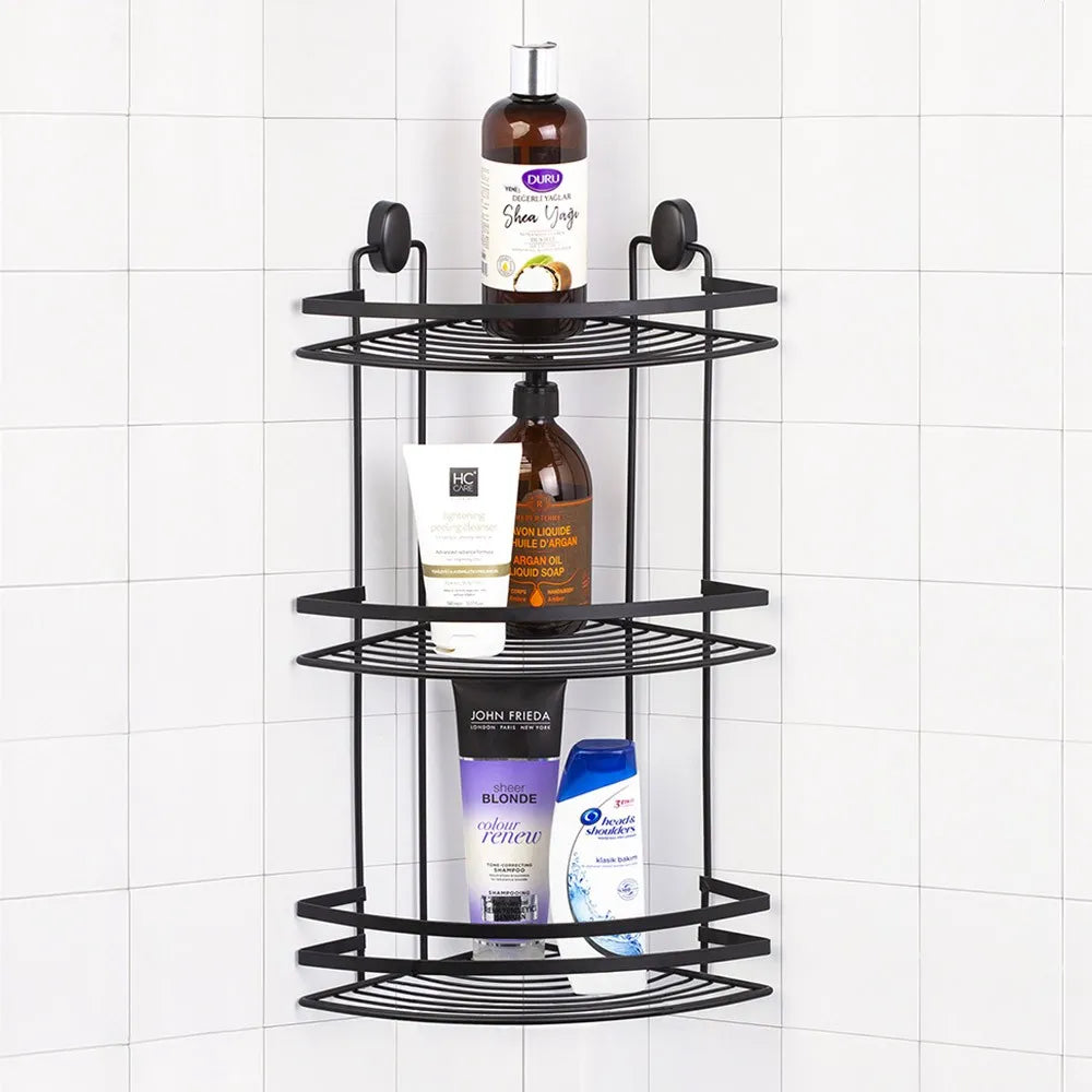 Mensola doccia angolare nero con 3 ripiani e ganci a parete inclusi