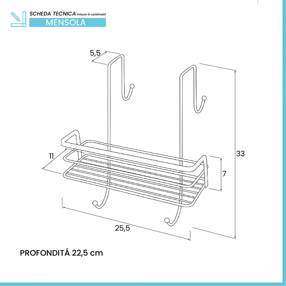 Mensola doccia con gancio e ripiano portaoggetti in acciaio cromato