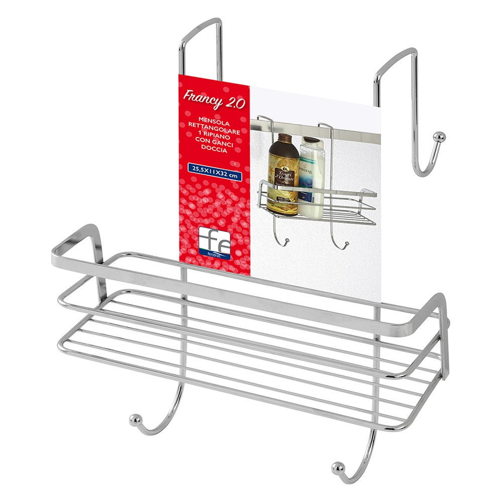 Mensola doccia con gancio e ripiano portaoggetti in acciaio cromato