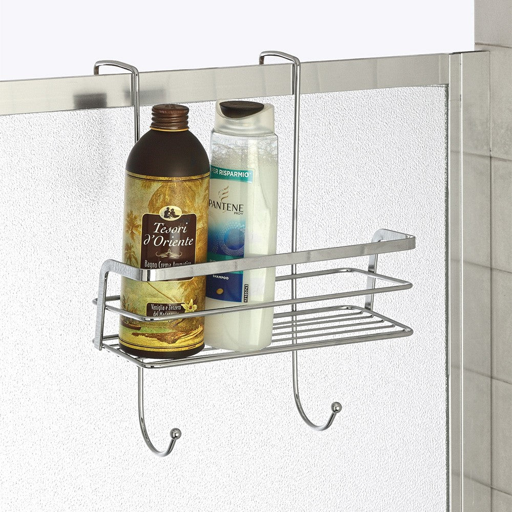 Mensola doccia con gancio e ripiano portaoggetti in acciaio cromato