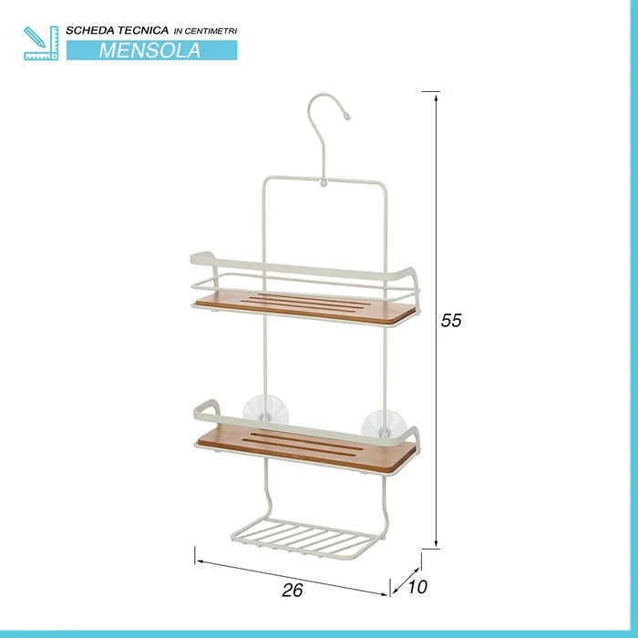 Mensola doccia in acciaio bianco e bambù con gancio e ripiani Haiti