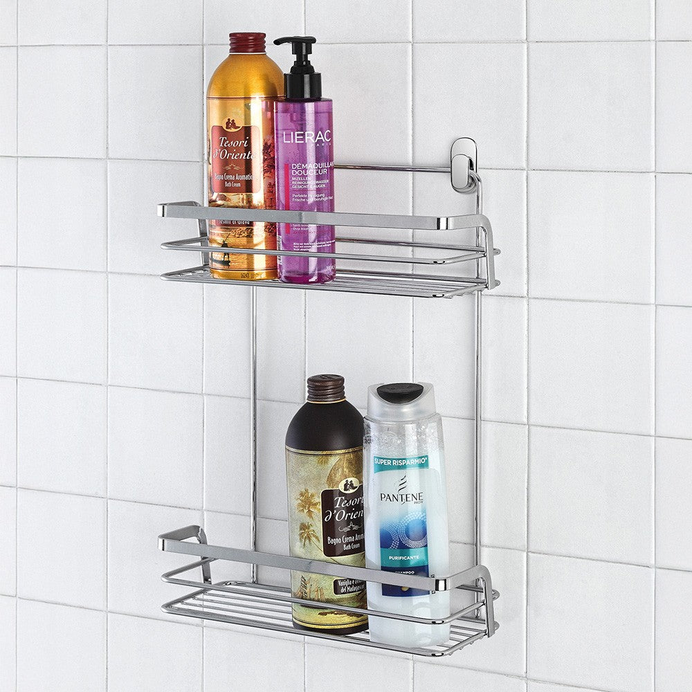 Mensola doccia in acciaio cromato con due ripiani portaoggetti