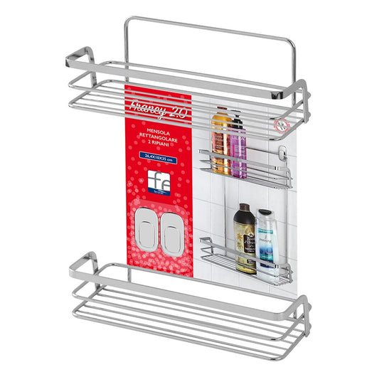 Mensola doccia in acciaio cromato con due ripiani portaoggetti