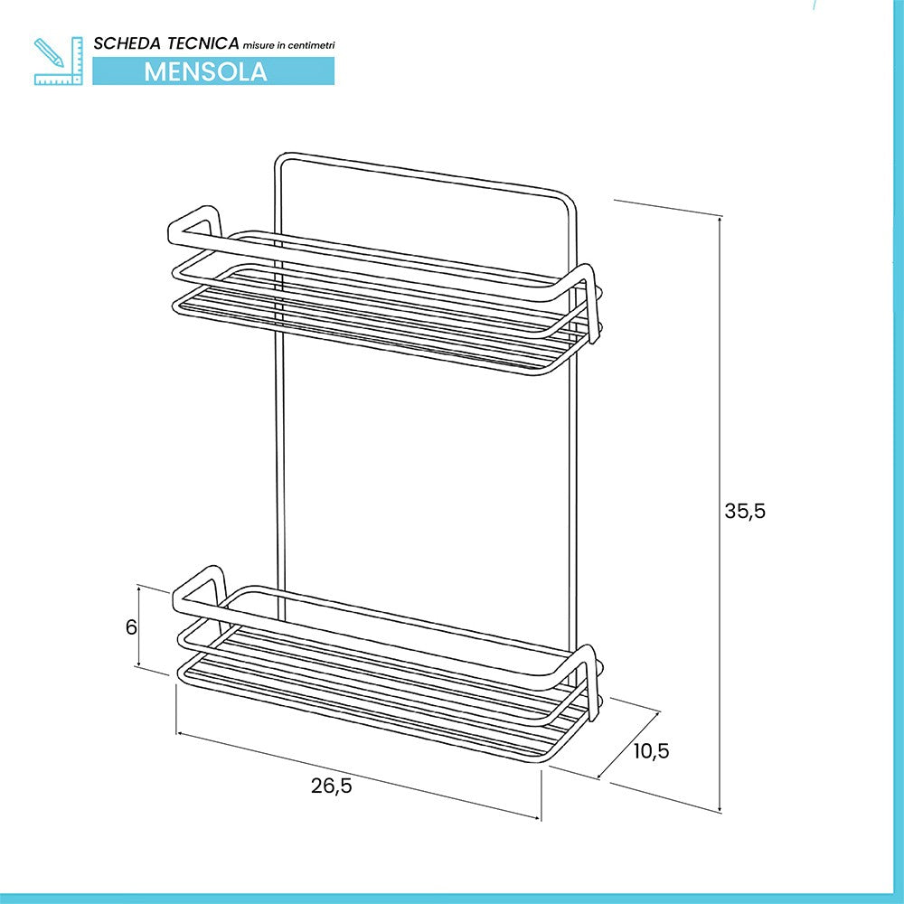 Mensola doccia in acciaio cromato con due ripiani portaoggetti