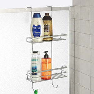 Mensola doccia in acciaio cromato con ganci e ripiani portaoggetti