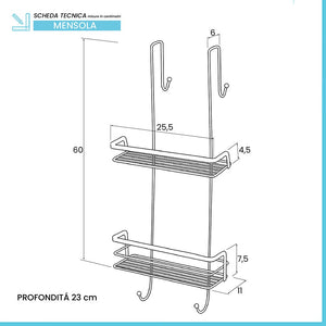 Mensola doccia in acciaio cromato con ganci e ripiani portaoggetti