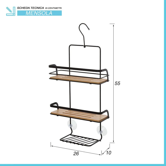 Mensola doccia in acciaio nero e bambù con gancio e ripiani Haiti