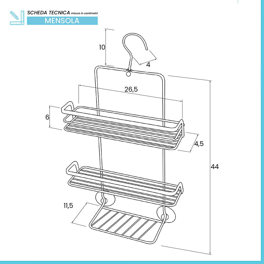 Mensola doccia portaoggetti in acciaio cromato con gancio e ripiani
