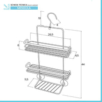 Mensola doccia portaoggetti in acciaio cromato con gancio e ripiani