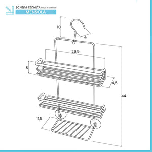 Mensola doccia portaoggetti in acciaio cromato con gancio e ripiani