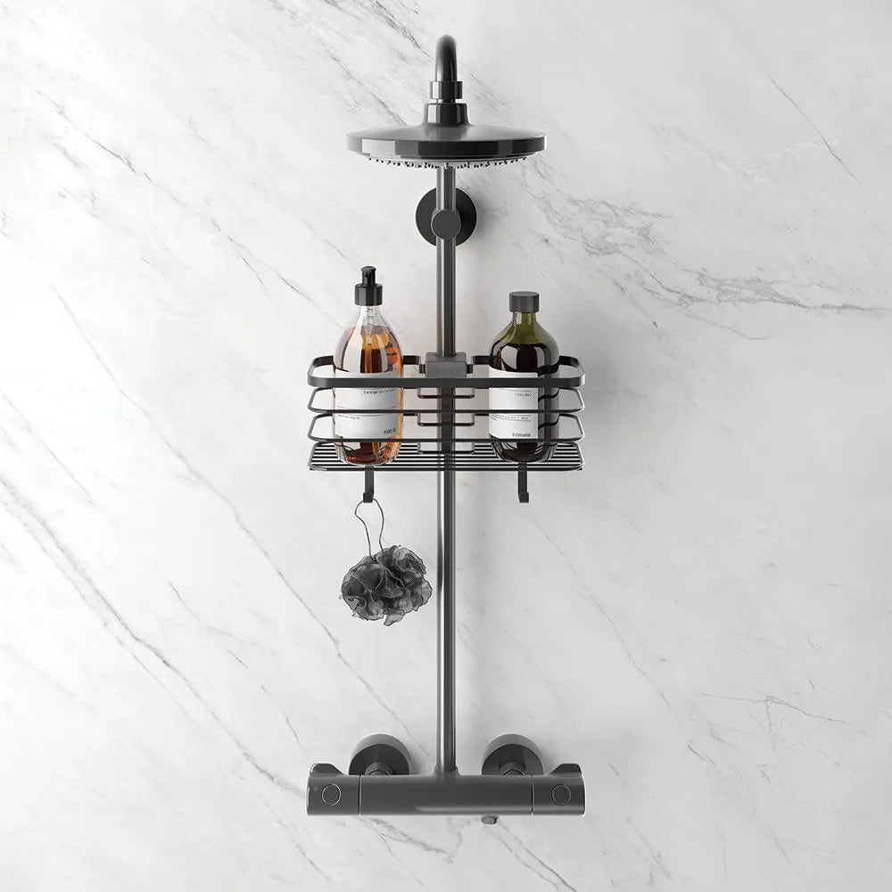 Mensola doccia portaoggetti in acciaio nero opaco per tubo colonna o saliscendi