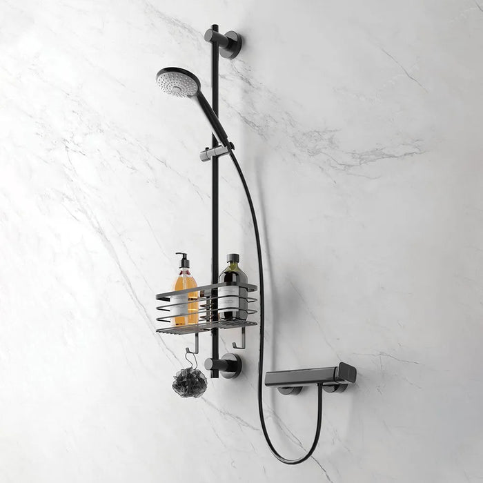 Mensola doccia portaoggetti in acciaio nero opaco per tubo colonna o saliscendi
