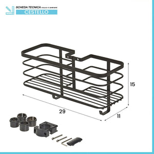 Mensola doccia portaoggetti in acciaio nero opaco per tubo colonna o saliscendi