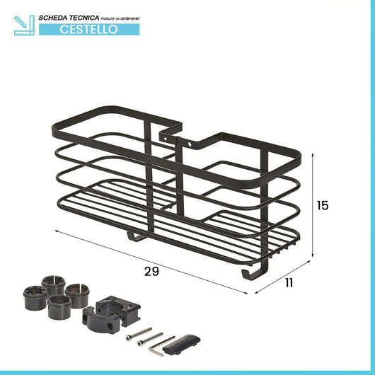 Mensola doccia portaoggetti in acciaio nero opaco per tubo colonna o saliscendi