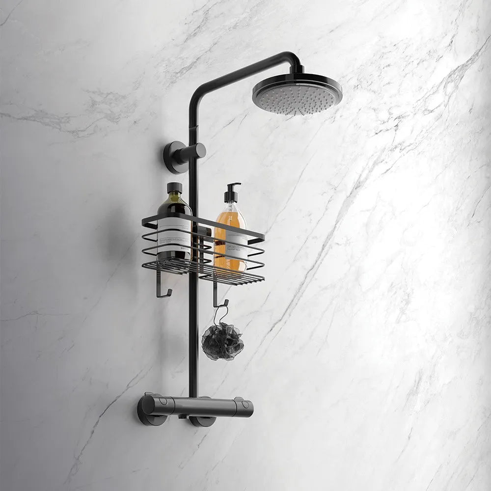 Mensola doccia portaoggetti in acciaio nero opaco per tubo colonna o saliscendi