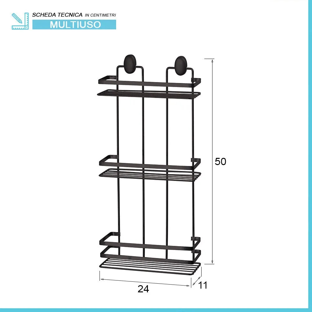 Mensola doccia portaoggetti nero con 3 ripiani e fissaggi inclusi
