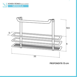 Mensola doccia rettangolare cromata con ripiano e ganci laterali