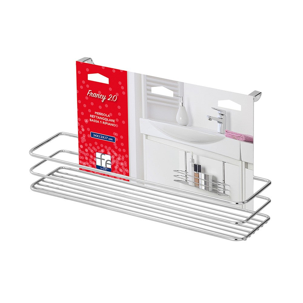 Mensola doccia rettangolare cromata con ripiano e ganci laterali