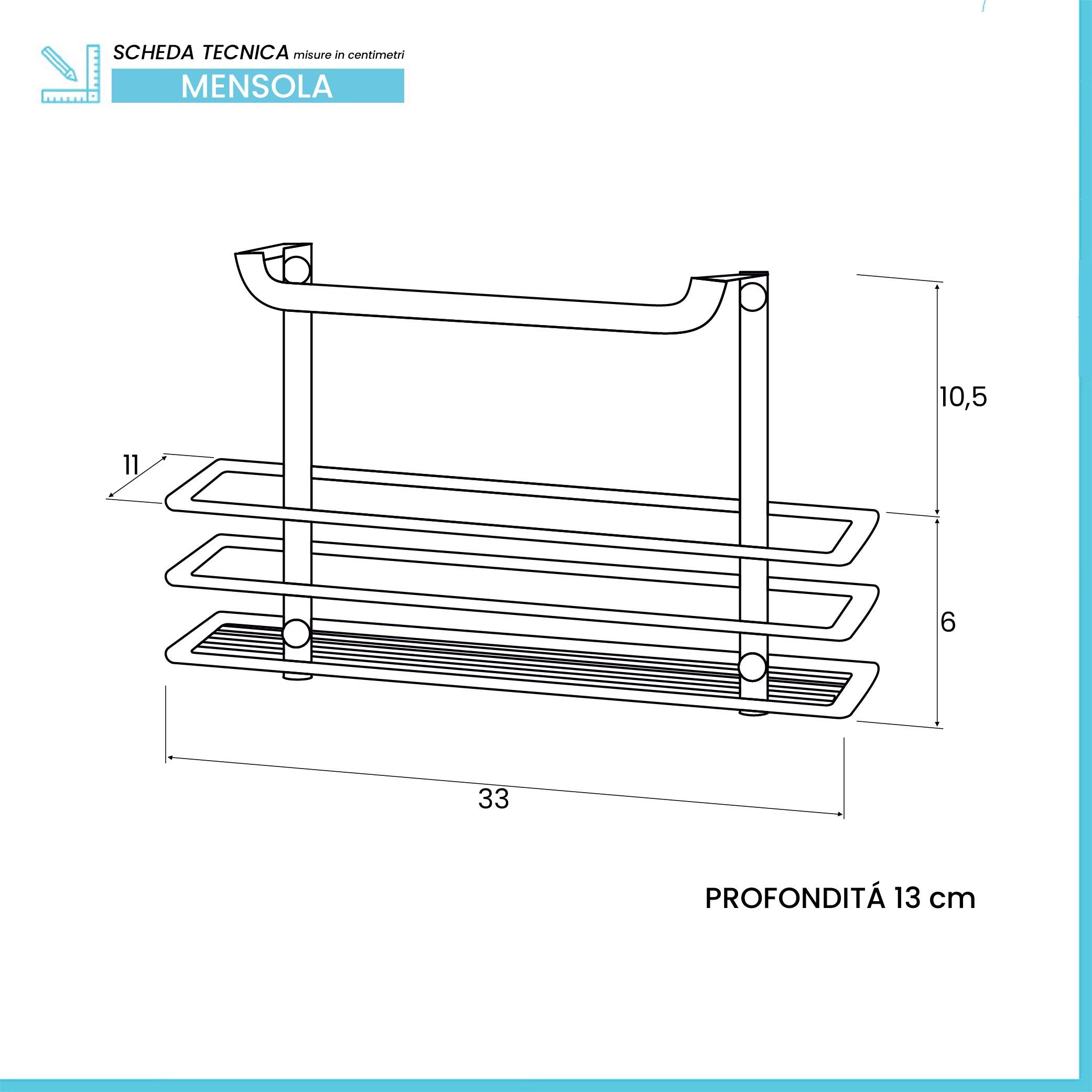 Mensola doccia rettangolare grigio silver con ripiano e ganci laterali