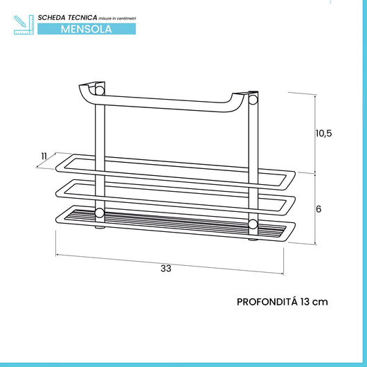Mensola doccia rettangolare grigio silver con ripiano e ganci laterali