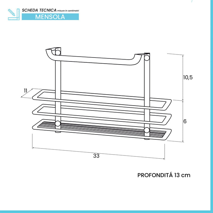 Mensola doccia rettangolare grigio silver con ripiano e ganci laterali