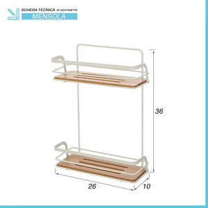 Mensola doccia rettangolare in acciaio bianco e 2 ripiani in bambù Haiti