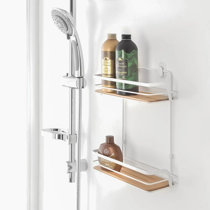 Mensola doccia rettangolare in acciaio bianco e 2 ripiani in bambù Haiti