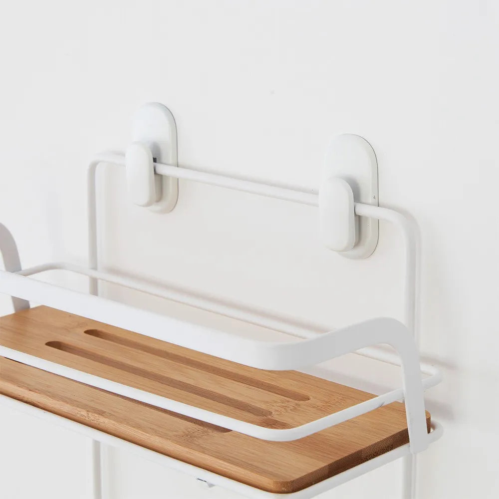 Mensola doccia rettangolare in acciaio bianco e 2 ripiani in bambù Haiti