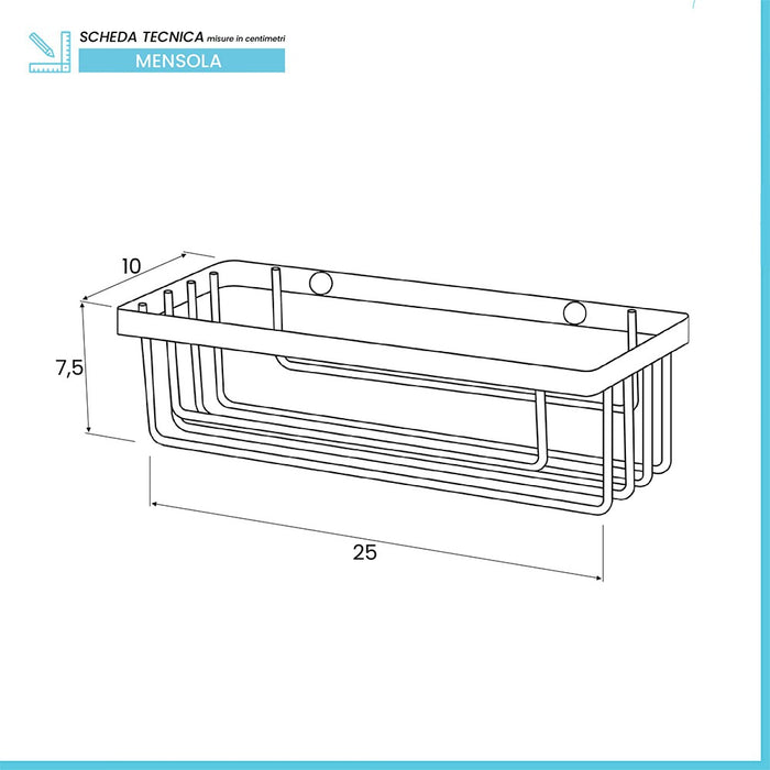 Mensola doccia rettangolare in acciaio nero opaco con fissaggio a parete
