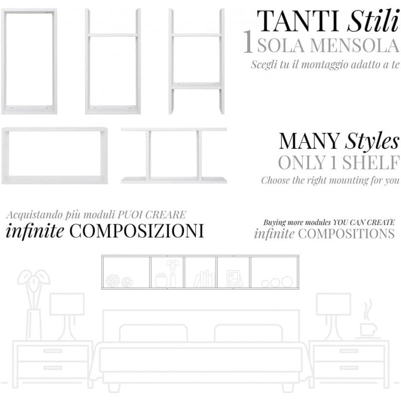 Mensola da Parete Bianca 56.8x30x17 cm - Ripiano Multiuso per Bagno, Camera, Cucina o Ufficio - Libreria Sospesa con Tasselli, Made in Italy