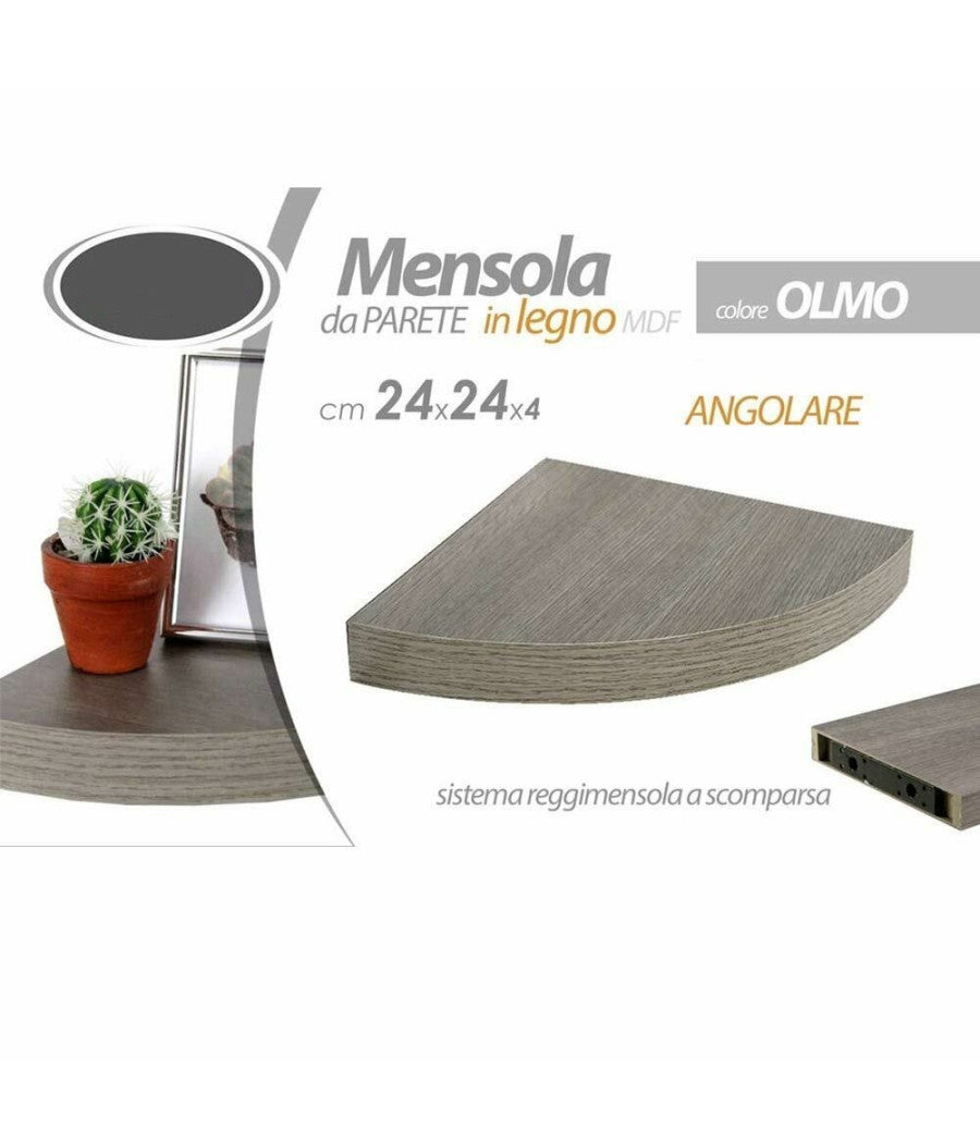 Mensola Parete Angolare Scaffale Ripiano Ad Angolo In Legno Mdf Olmo 24 X 4 Cm         