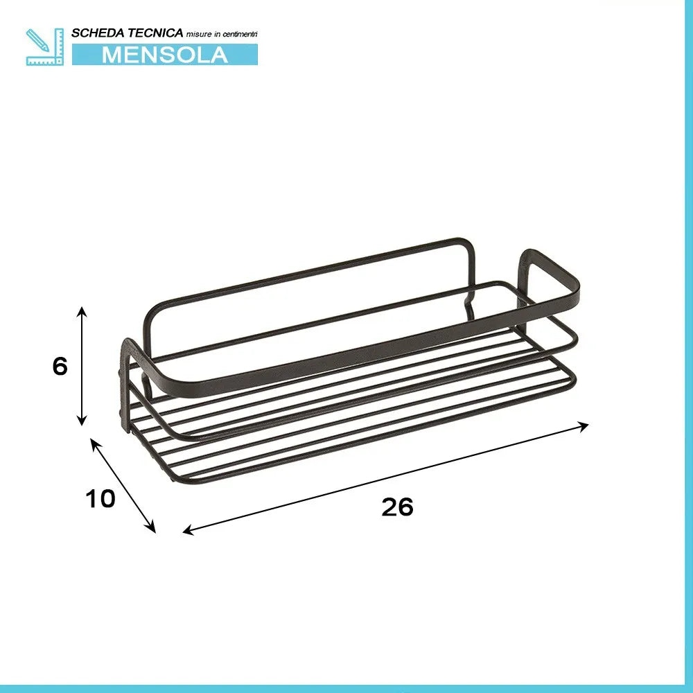 Mensola per doccia rettangolare con ripiano in acciaio nero opaco
