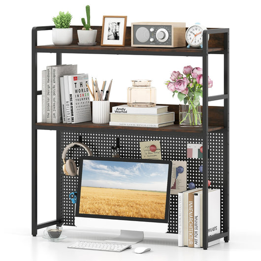 Organizzatore di stoccaggio per monitor di computer fino a 32", Mensola da scrivania a 2 livelli con pegboard Marrone-Scaffali e librerie