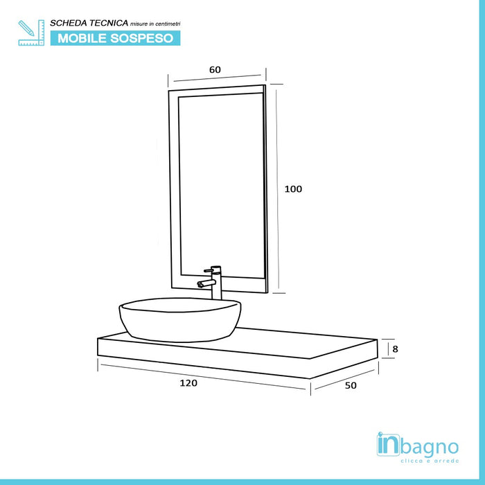 Mensolone Bagno Sospeso 120 cm Cemento completo di lavabo e specchio