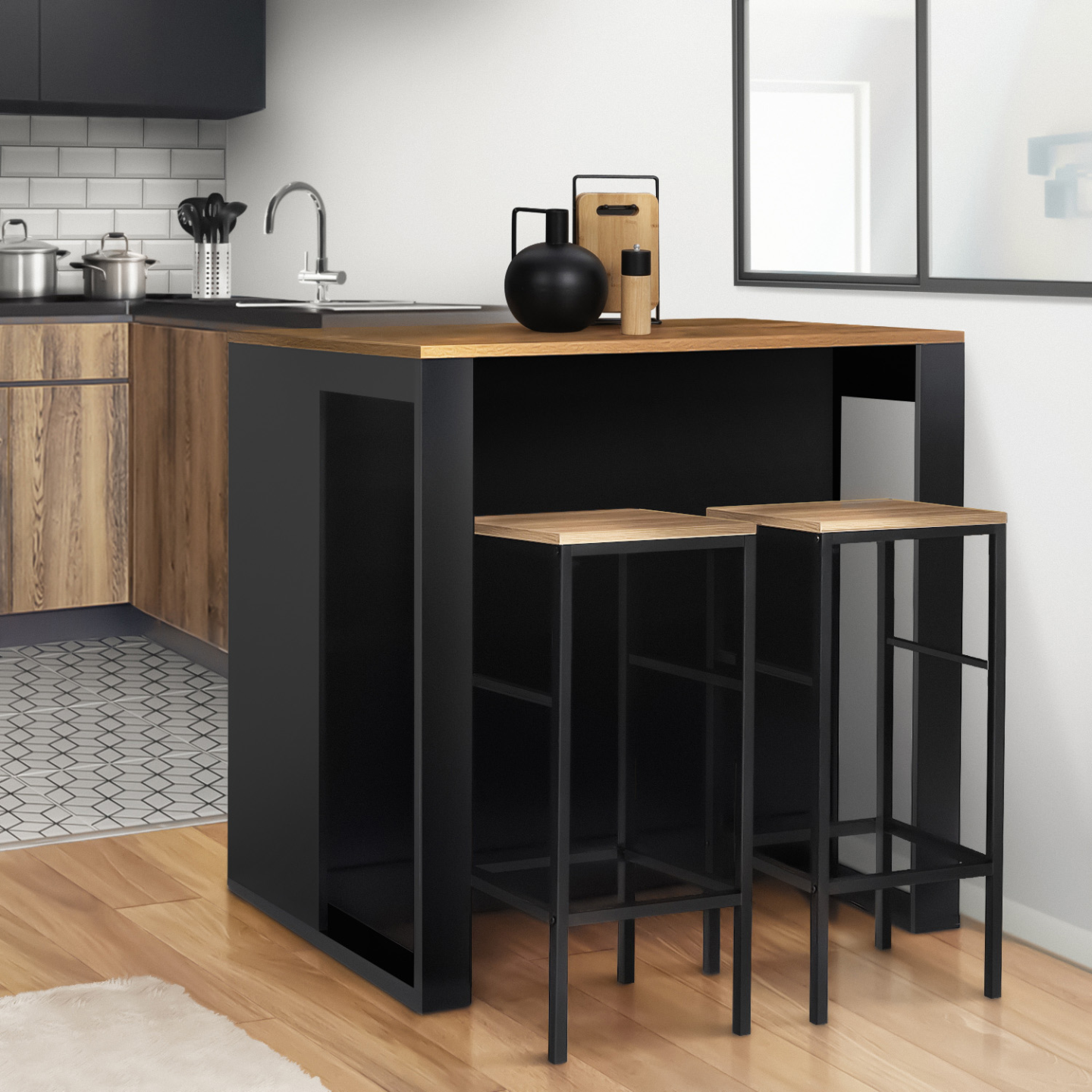 IDMarket - Mesa de bar de isla JUNO en madera negra con tablero oscuro HAWKINS