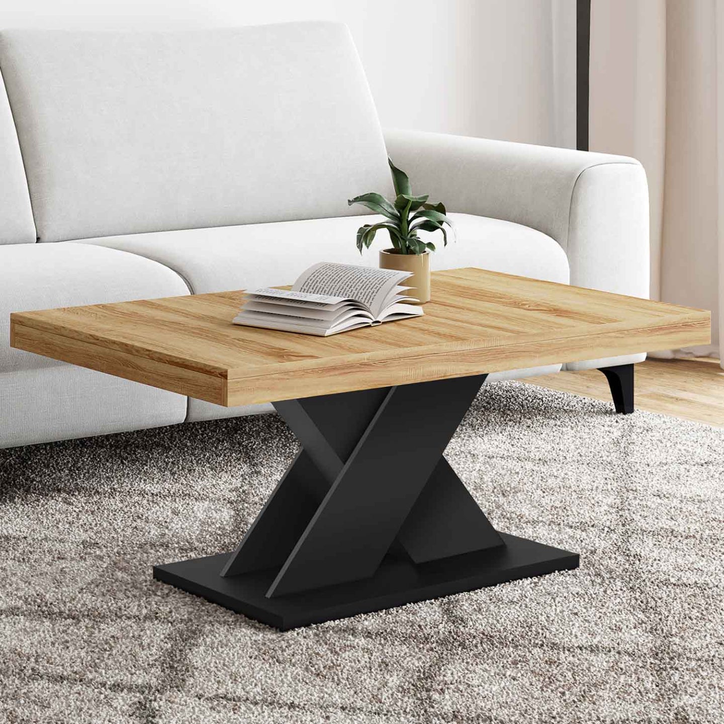 IDMarket - Mesa de centro ALICIA con base en X efecto macizo negro