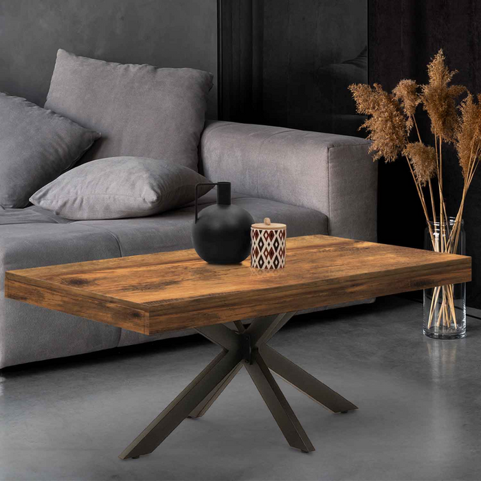IDMarket - Mesa de centro ALIX 110 cm con patas de araña de madera oscura, envejecida y efecto negro