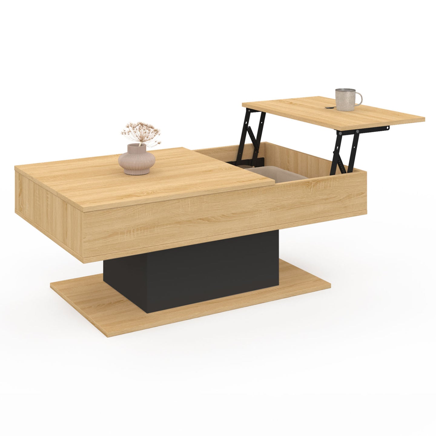 IDMarket - Mesa de centro con 2 tableros elevables EDEN madera y negro