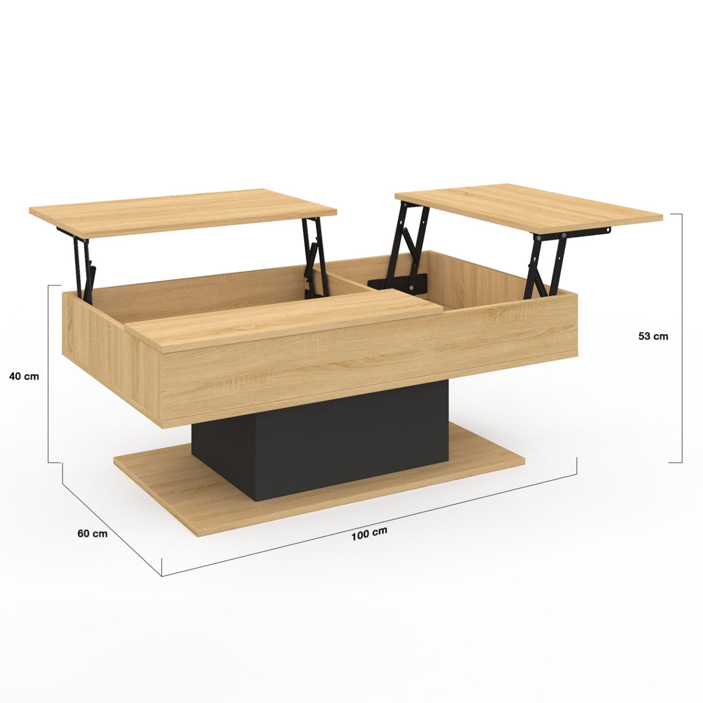 IDMarket - Mesa de centro con 2 tableros elevables EDEN madera y negro