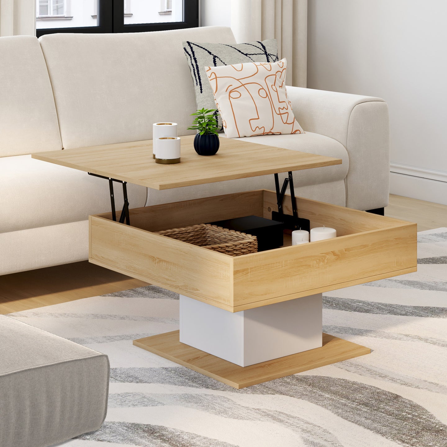 IDMarket - Mesa de centro cuadrada elevable EDEN de madera y blanco