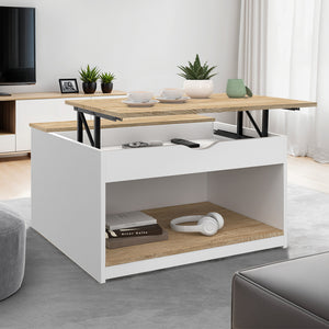 IDMarket - Mesa de centro cuadrada elevable ELEA con caja de madera blanca y efecto haya