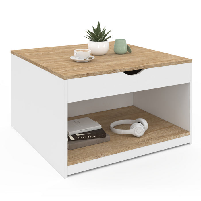 IDMarket - Mesa de centro cuadrada elevable ELEA con caja de madera blanca y efecto haya