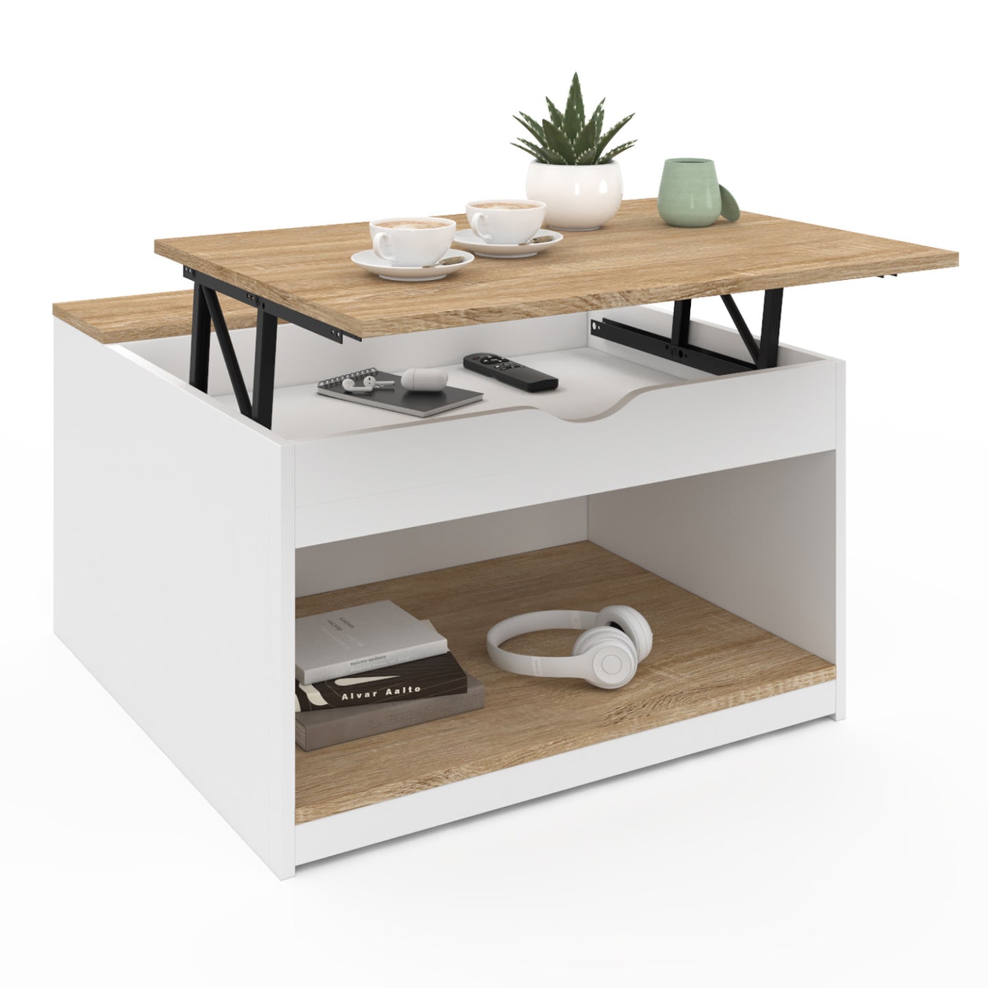 IDMarket - Mesa de centro cuadrada elevable ELEA con caja de madera blanca y efecto haya