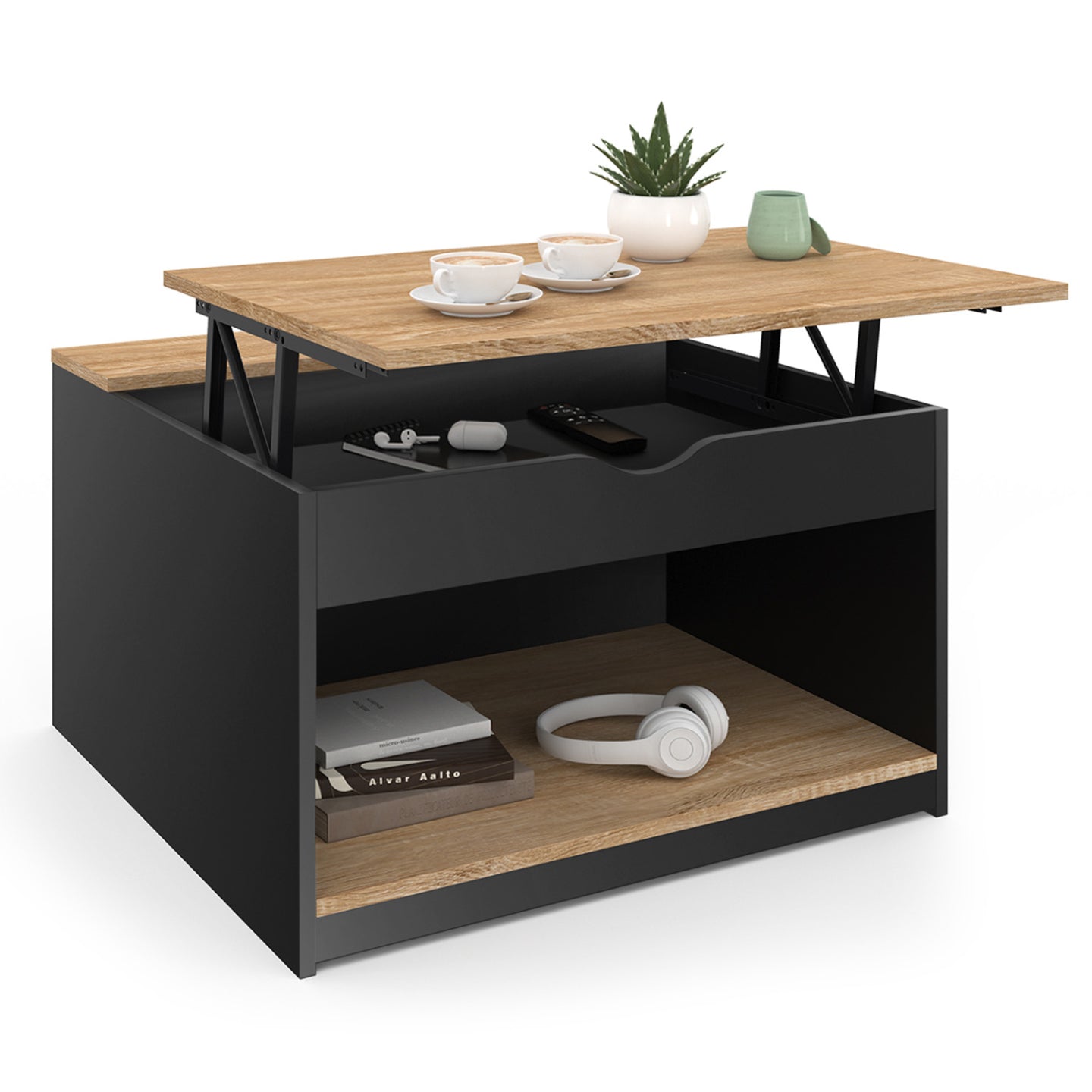 IDMarket - Mesa de centro cuadrada elevable ELEA con estuche de madera efecto haya y negro