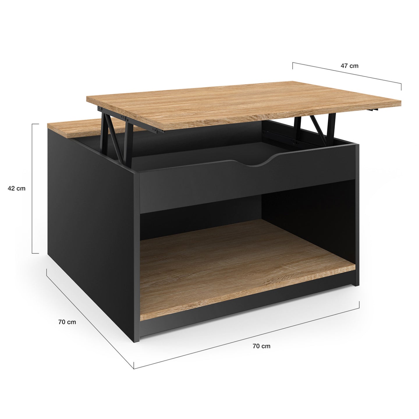 IDMarket - Mesa de centro cuadrada elevable ELEA con estuche de madera efecto haya y negro