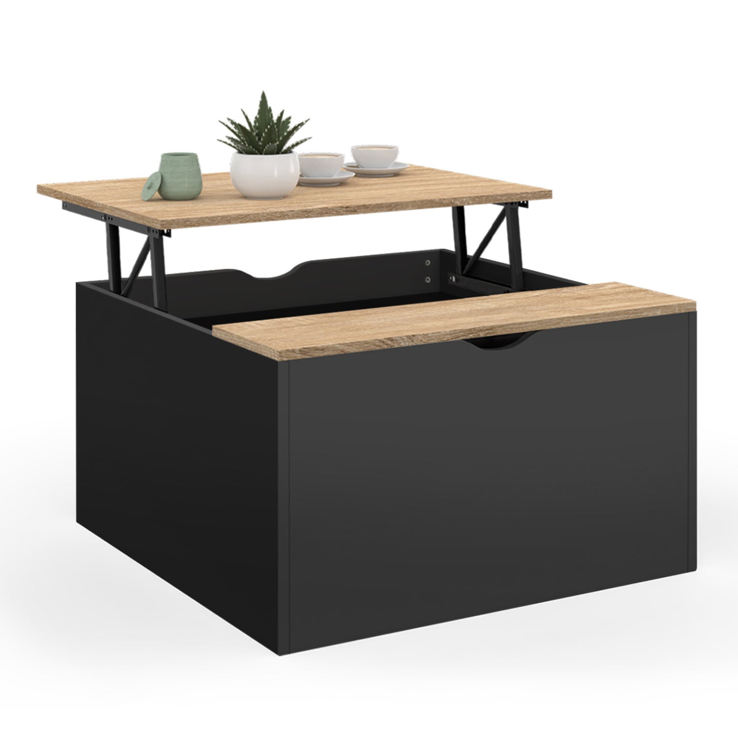 IDMarket - Mesa de centro cuadrada elevable ELEA con estuche de madera efecto haya y negro