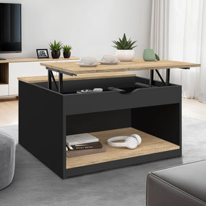 IDMarket - Mesa de centro cuadrada elevable ELEA con estuche de madera efecto haya y negro