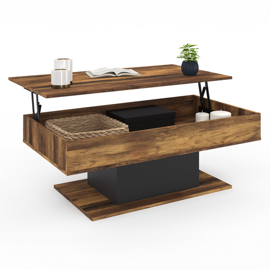 IDMarket - Mesa de centro EDEN con tablero elevable, madera oscura con efecto envejecido y negro
