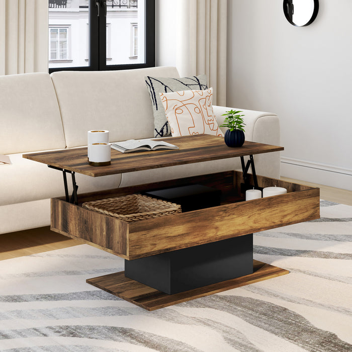 IDMarket - Mesa de centro EDEN con tablero elevable, madera oscura con efecto envejecido y negro